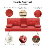 Aukfa Leather Futon Convertible Sofa Bed for Home Office, 2 Cup Holders, Twin Size, Red