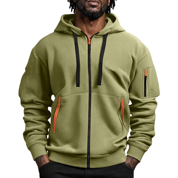Delconic Mens Zip Up Hoodie Jacket Long Sleeve Drawstring Hood Sweatshirt with Multiple Zipper Pockets Casual Active Outerwear Army Green L
