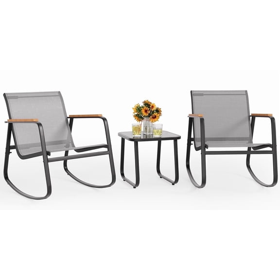 Noelse 3 Piece Outdoor Rocking Chair Set with Coffee Table, Patio Furniture Set with Textilene Fabric, Wooden Armrests, Gray