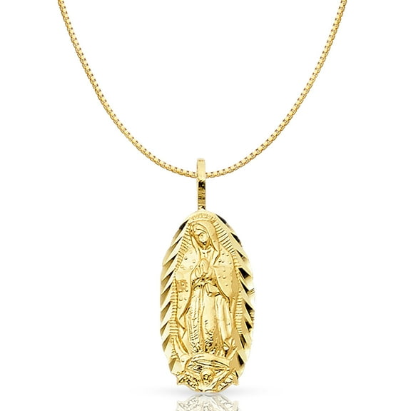 14K Yellow Solid Gold Religious Our Lady of Guadalupe Charm Pendant with 0.8mm Box Chain Necklace - 16"
