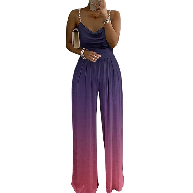 Mono largo para mujer VISgogo Color sólido/estampado/diseño degradado mono de pernera ancha con escote en V con tirantes de perlas VISgogo moda