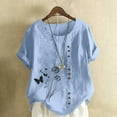 thumbnail image 2 of Feancey Linen Blouses for Women Boho Floral Shirts Button Casual Plus Size Blouse Roll Up Short Sleeve Loose Tunic Tops Summer Vacation Tshirt Light Blue 4XL, 2 of 5