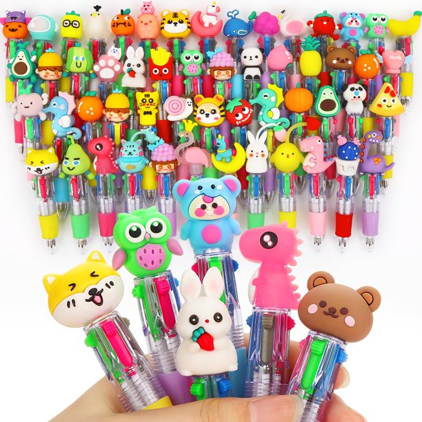Set de 60 bolígrafos multicolor 4 en 1 de 0,5 mm con diseños de animales kawaii
