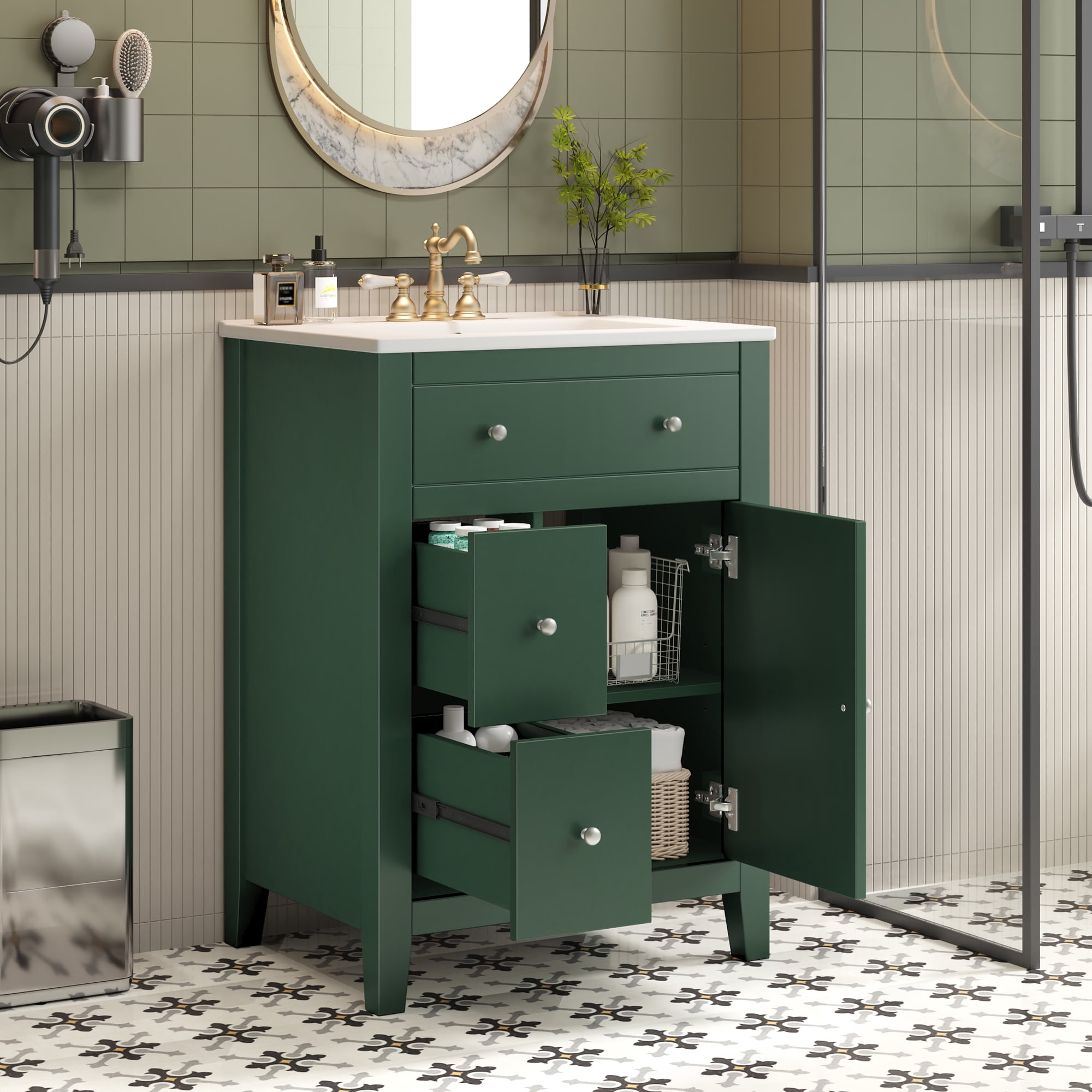 Euroco 24" Modern Bathroom Vanity with Ceramic Basin, Restroom Basin Cabinet with 2 Drawers, Small Bathroom Cabinet with Soft-Closing Door