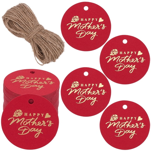 1 Box 100Pcs Red Gift Tags with String 2" Round Happy Mother's Day Gift Tags Bulk Kraft Paper Twine Hanging LabelsDIY
