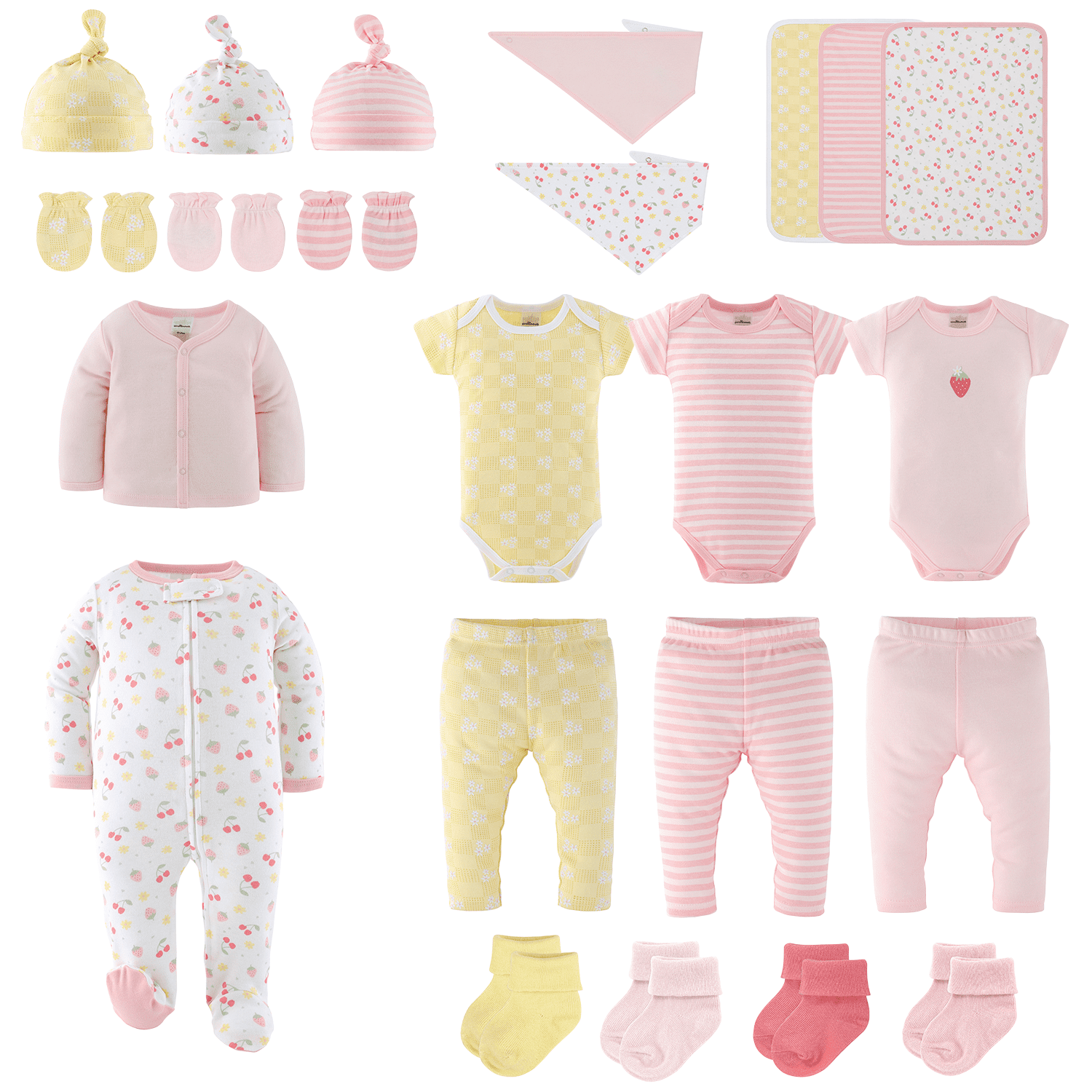 The Peanutshell Baby Girl Layette Gift Set, Strawberry Basket Baby Clothes with Bibs, 0-3 Months, 23 Piece Set