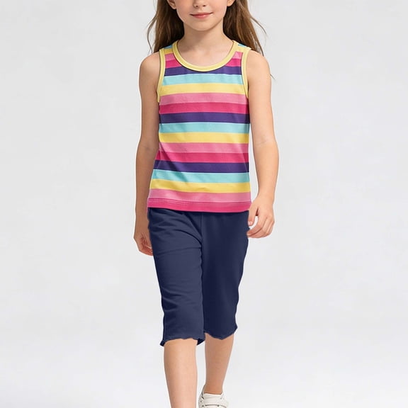 Girls' Rainbow Striped Two-Piece Summer Round Neck Sleeveless Vest And Elastic Waisted Cropped Pants Set Sizes 1-12