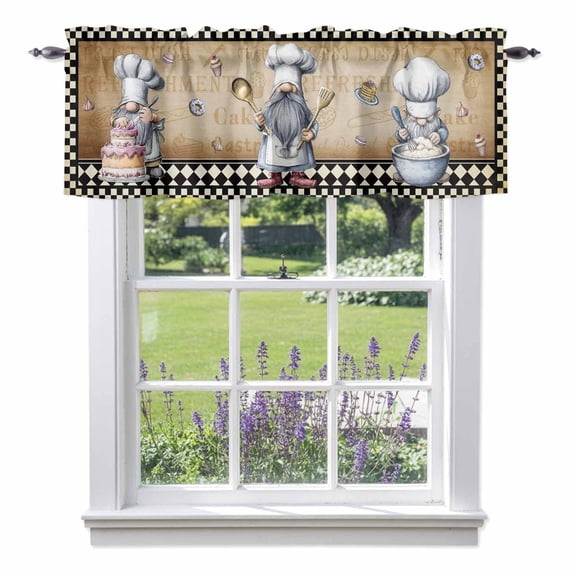 Retro Dessert Chef Art Valances for Windows,Kitchen Valance Rod Pocket Short Curtain, Black and White Checker Brown Back Valance Curtain Window Valances for Bedroom Bathroom Living Room 42x12in