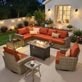 thumbnail image 3 of Ovios 10 Pieces Outdoor Patio Furniture Set with Fire Pit All-Weather Wicker Sectional with Swivel Chairs, Orange Red, 3 of 12