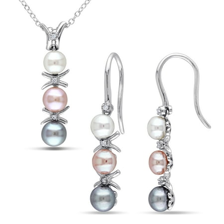 Tangelo 4-6mm Multicolor Cultured Freshwater Pearl and Diamond-Accent Sterling Silver 2-piece Earrings and Pendant Set