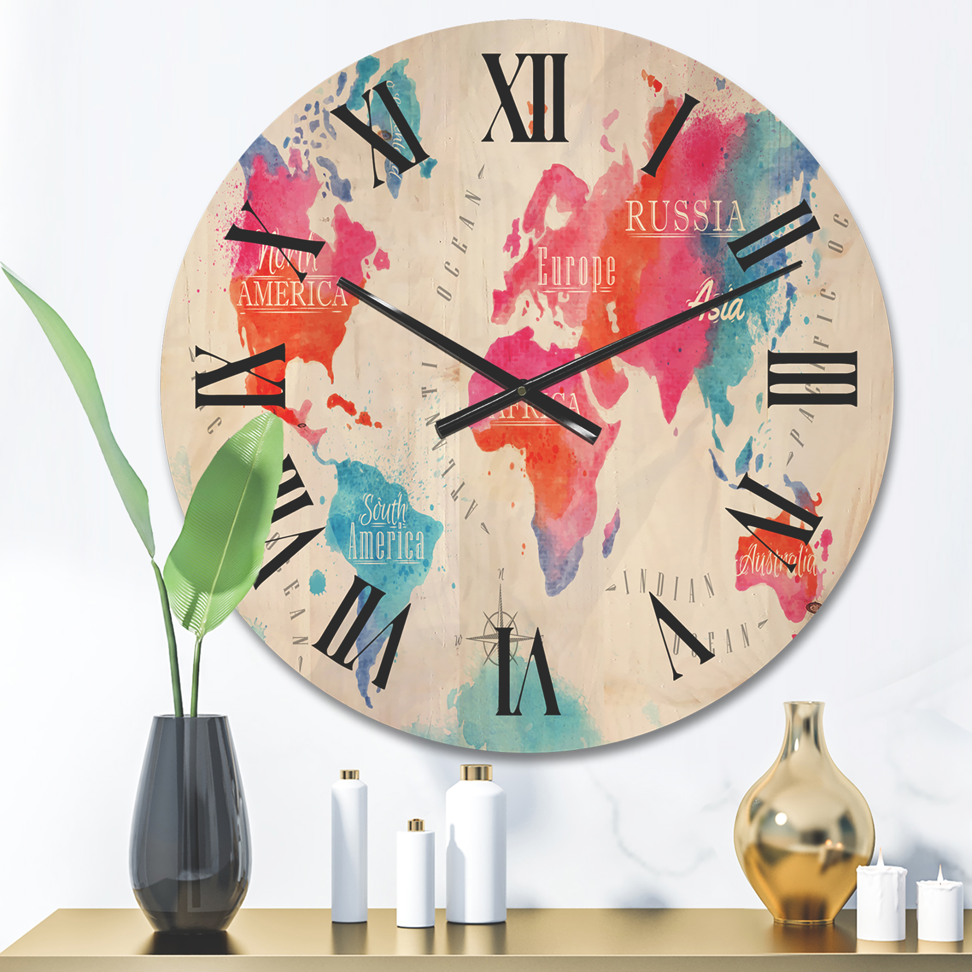 Designart 'World Map In Blue and Pink' Modern Wood Wall Clock