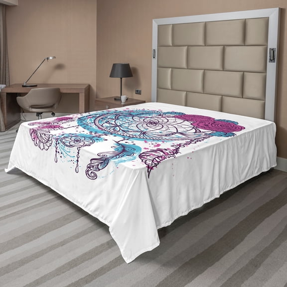Ambesonne Bohemian Flat Sheet, Dreamcatcher with Roses, California King, Sky Blue Magenta