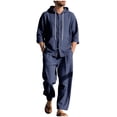 thumbnail image 2 of Hrsba Men 2 Piece Outfits Set, Solid Color Linen Button Hooded Pocket Long Sleeve Shirt and Pants Summer Beach Set, 2 of 5