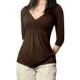thumbnail image 1 of Fortune Women Solid Color T-Shirt Long Sleeve V Neck Button Tops Summer Slim Fit Tee, 1 of 9