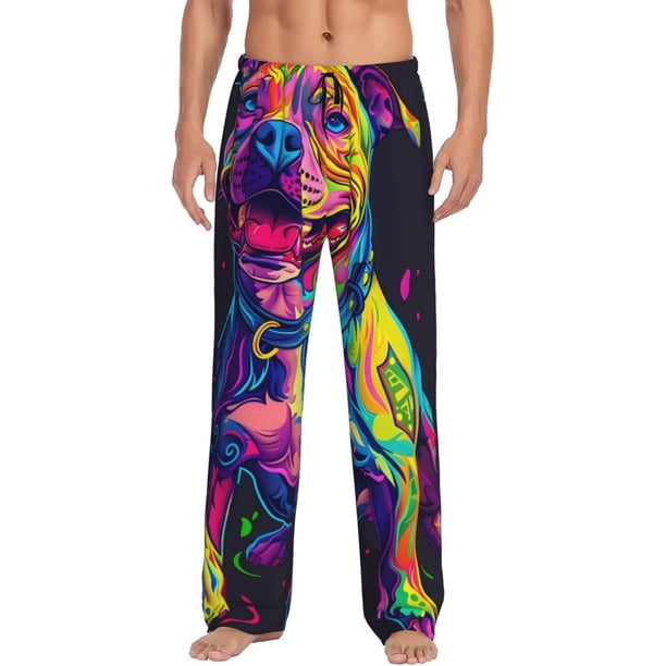 Fotbe Neon Pop Art Pitbull Pantalones de Pijama para Hombre, Pantalones de Dormir, Pantalones de Casa con Cintura Ajustable y Bolsillos-X-Large
