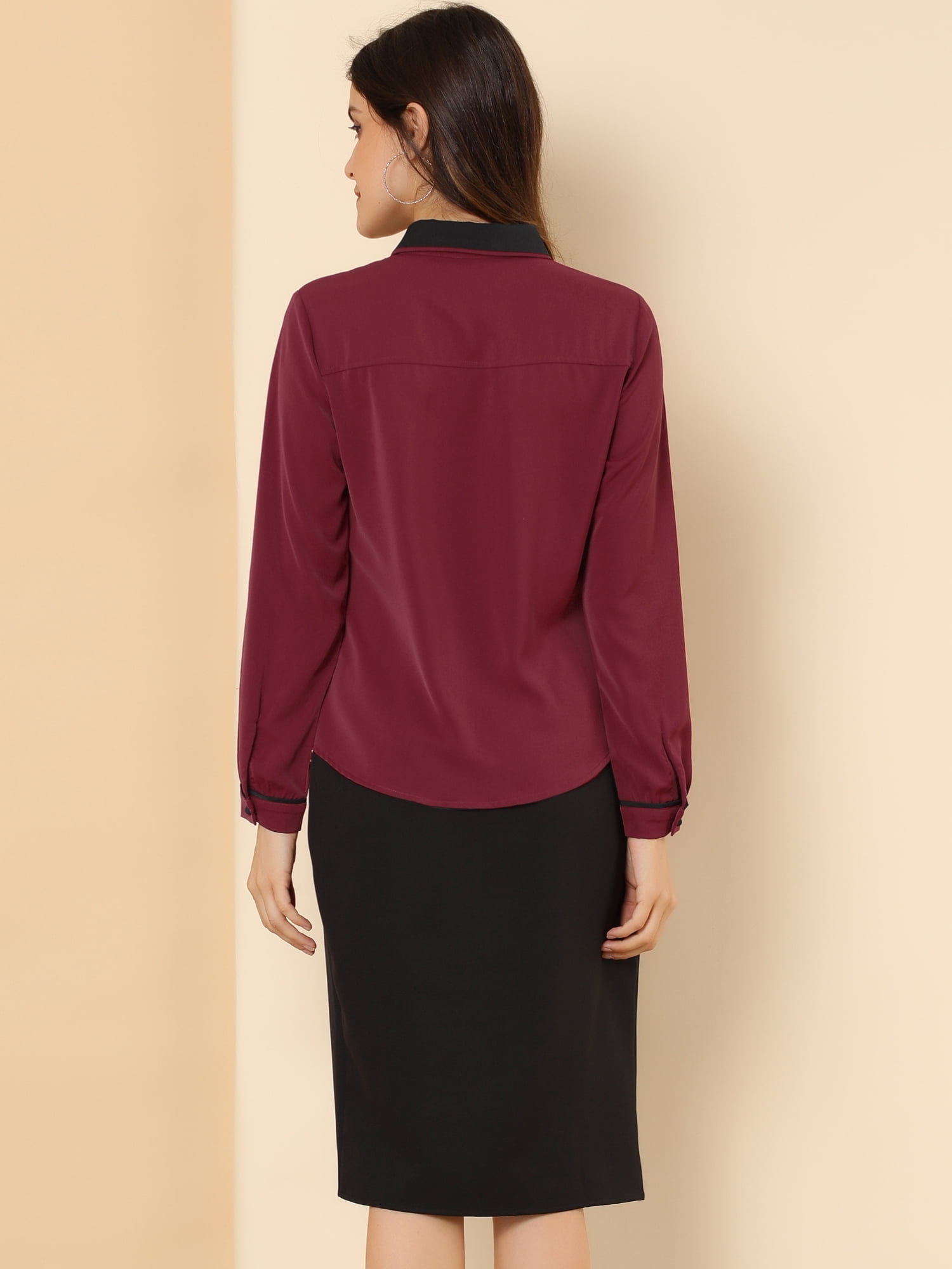 DARING DIVA Women's Button Down Long Sleeve Peter Pan Collar Blouse L Burgundy