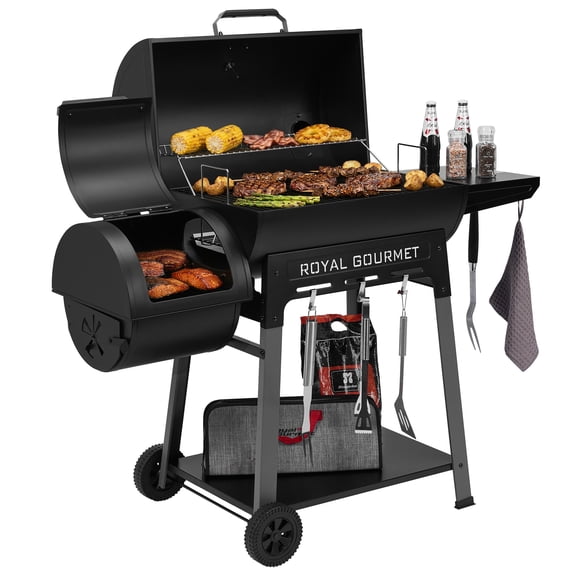 Royal Gourmet Barrel Charcoal Grill with Offset Smoker for Backyard Cooking, Black