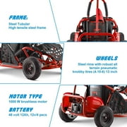 Electric Go Kart, 48V Powered Ride On Car, Steel Tubular Frame, Seat Belt, 13 inch All-Terrain Tires, Parental Speed Control, Max 20 Mph (Red)