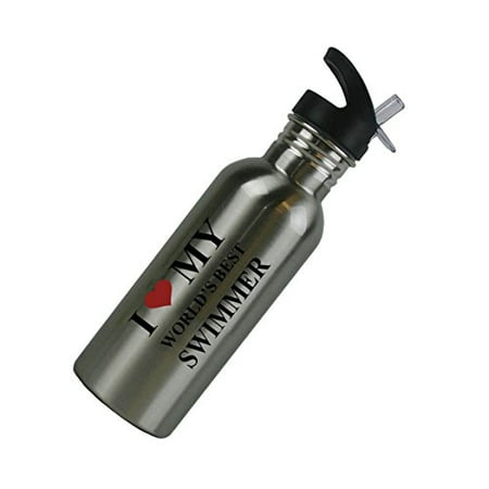 I Love My World's Best Swimmer Stainless Steel Silver 20 Oz (600mL) Water Bottle with Sport Top, (Best Gifts For Swimmers)