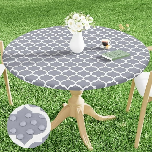 Huhuzaio Table Cloth Round Picnic Tablecloth Elastic Fitted Table Covers For Tables Wipeable Flannel Vinyl Tablecloths For Camping Indoor Outdoor Grey Table Runner For Wedding Banquet Parties
