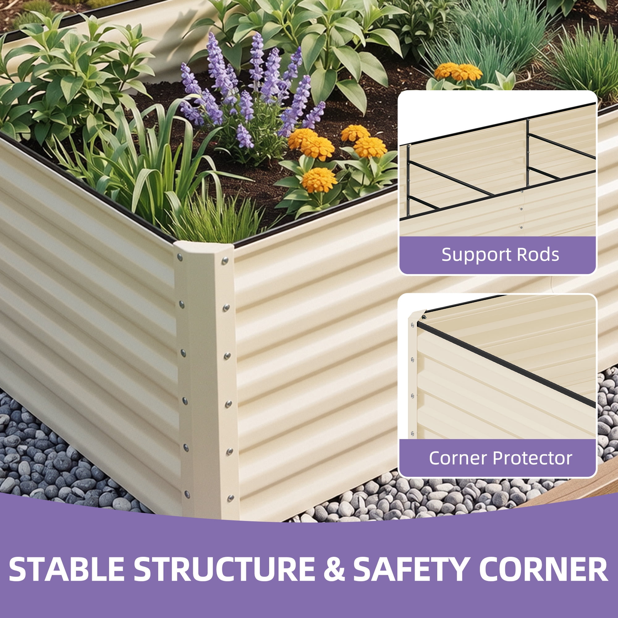 Uforic 6x3x2 Ft 1 Piece Galvanized Metal Raised Garden Bed Kit with Free Gloves Cream White