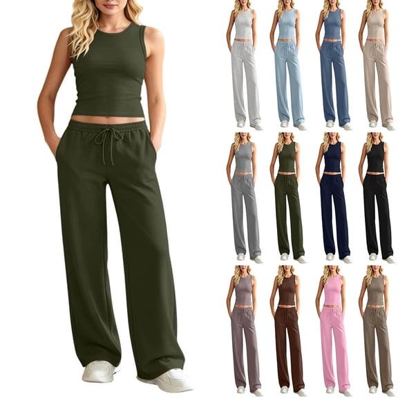 Vivianyo HD Women's Set Crew Neck Sleeveless Crop Tank and Drawstring Wide Leg Sweatpants, Two Piece Sets for Women Summer Vacation Travel Outfit, Women's Army Green, Sizes S-2XL
