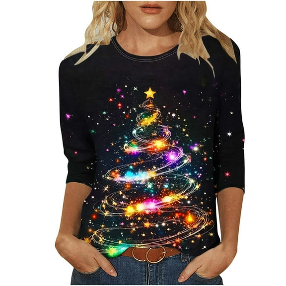 Fashion Fall Saving LiMoi Women's Christmas Tops for Women 3/4 Sleeve Round Neck Shirt with Merry Tree Design Tees Tshirts Blouse for Xmas My Items