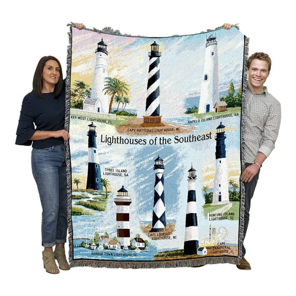 Coastal Beacon Tapestry: Woven Cotton Blanket Featuring Southeast Lighthouses - Key West, Cape Hatteras, Tybee, and More - 72x54, Made in the USA