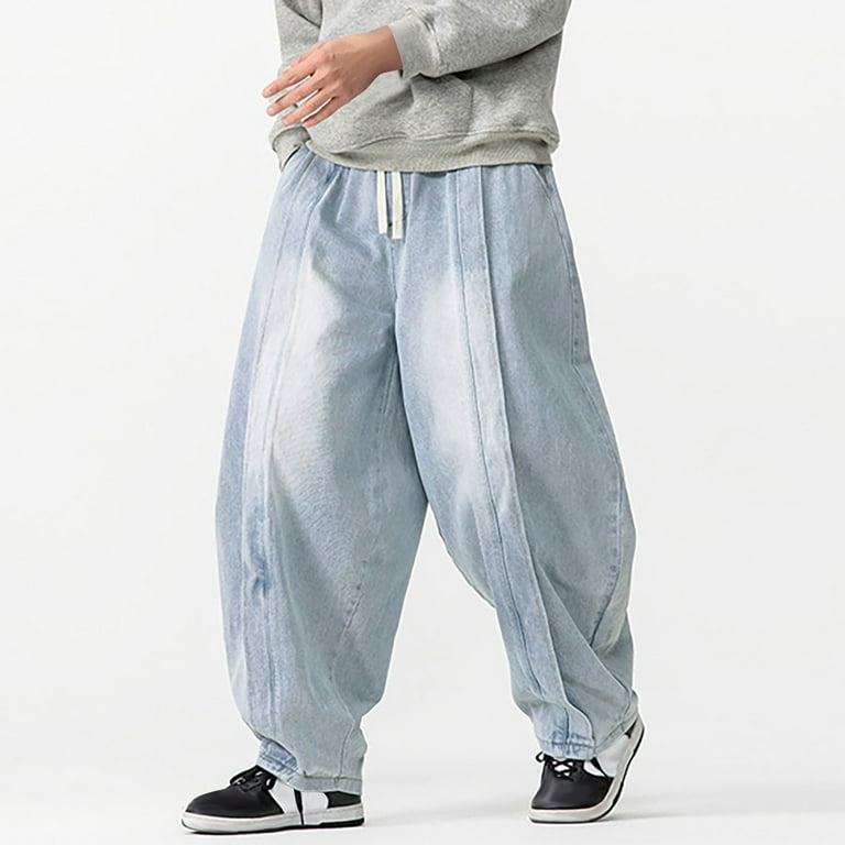 Fnnxeal Men's Baggy Denim Pants, Light Blue, Size L - Oversized