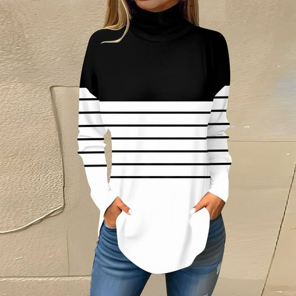 Topvent Tee Shirts For Women Fall Casual Long Sleeve Shirts Sweatshirt Stripe Printed High Neck Top Pullover