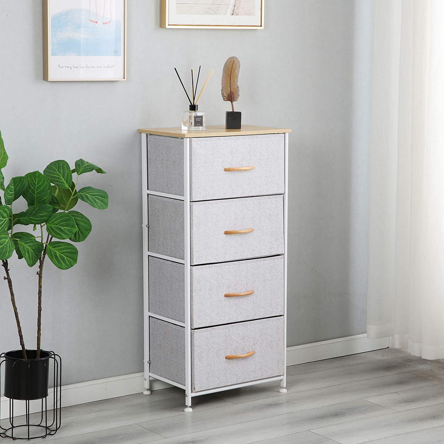 Somdot Nightstand Dresser with 4 Drawers Fabric Dresser for Bedroom