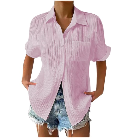 Collared V Neck Women Tops Roll Up Short Sleeve Blouses with Pocket Textured Plus Size Leisure Vacation Blouse