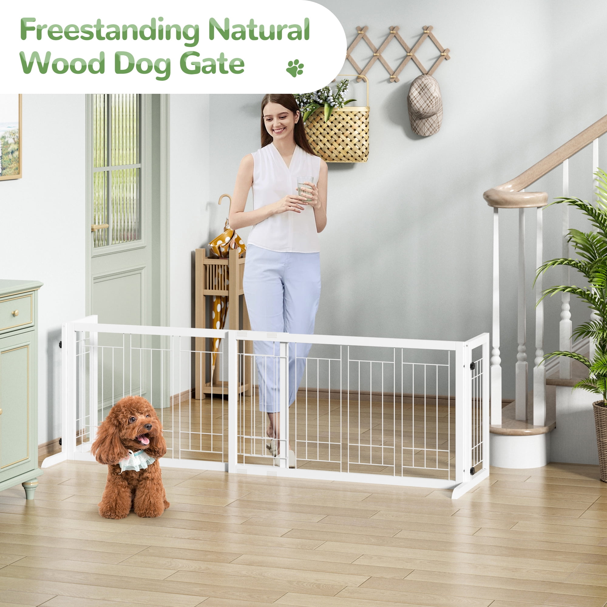 Coziwow Freestanding Wood Pet Gate, 38"-71" Sturdy Solid Wood Dog Gate for The House, Doorway, Stairs, Pet Puppy Safety Fence, White