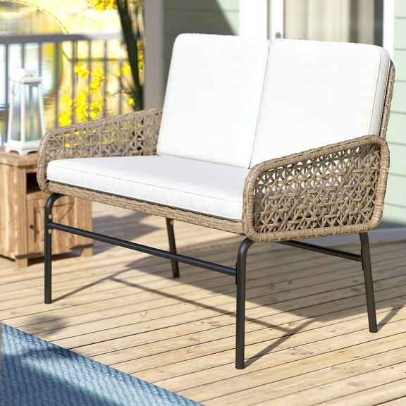 Dextrus Outdoor Patio Loveseat, All-Weather Wicker Rattan Loveseat with Cushions, Ideal for Backyard, Balcony, and Deck, Light Brown Beige