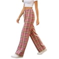 thumbnail image 5 of Women's Plaid Straight Leg High Waist Casual Pants, Polyester Pocket Loose Long Trousers, Fashion Summer Bottoms for Daily Shopping Home | TruHer,Pink Free Size, 5 of 7