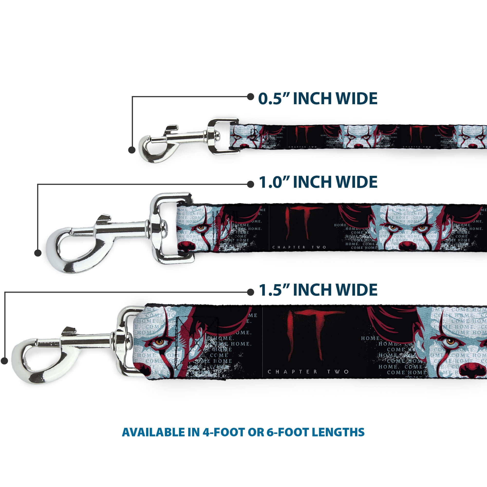 Warner Bros. Horror Movies Pet Leash, Dog Leash, It Chapter Two Pennywise Face Close Up Black Red Blues, 6 Feet Long 1.0 Inch Wide