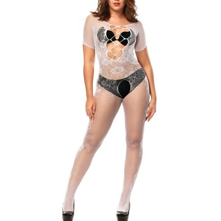 TrendVibe365 Valentine s Day Plus Size Lace Lingerie Womens White Fishnet Jumpsuit Mesh Transparent Hollow Out Cutout Spaghetti Strappy Push Up Romper Jumpsuit Sheer Bustier See Through Lingerie