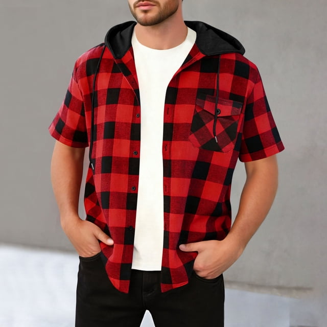 Mens Plaid Short Sleeve Shirts Button Down Hooded Drawstring Loose Fit Shackets with Chest Pockets Casual Summer Tops, Red, M