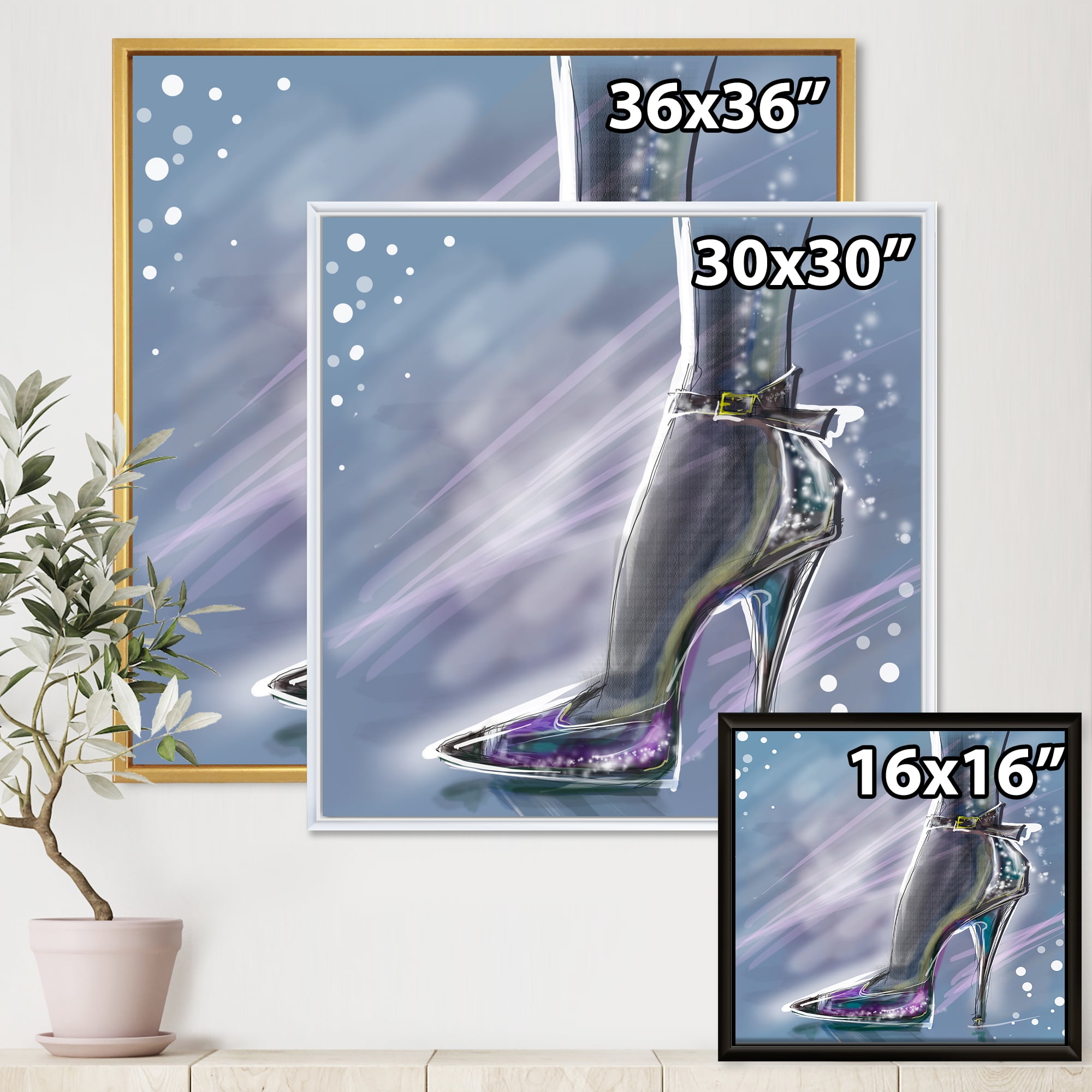 Designart 'Shiny Woman Shoe High Heeled Stiletto With Glitter' Modern Framed Canvas Wall Art Print