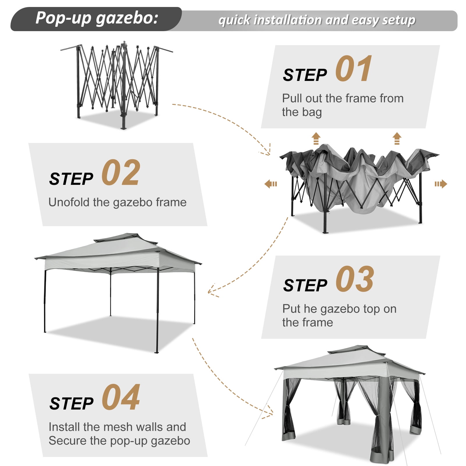 COBIZI 11x11 Pop up Gazebo Outdoor Canopy Gazebo Patio Gazebo with Mosquito Netting Canopy Shelter with 121 Square feet of Shade for Poolside, Garden, Party and Backyard, Gray(Upgraded)