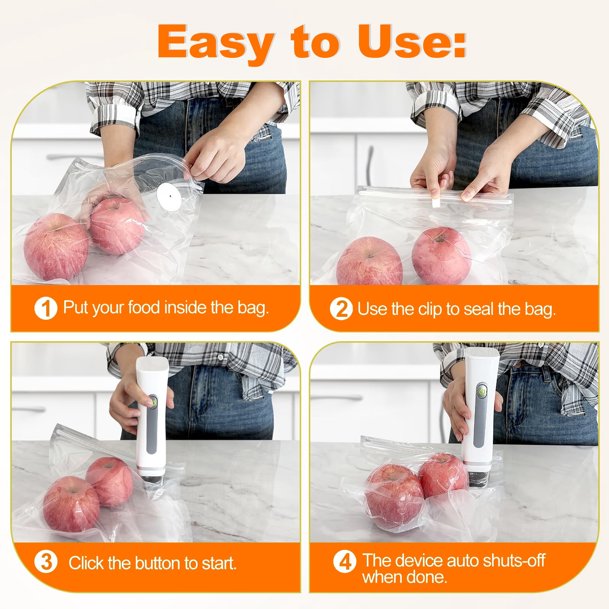 Beslands Handheld Vacuum Sealer for Food with 30 Reusable Bags - 6X Extended Freshness, Powerful Portable Food Saver Machine for Compact Storage, Meal Prep, Sous Vide & Kitchen Organization, White