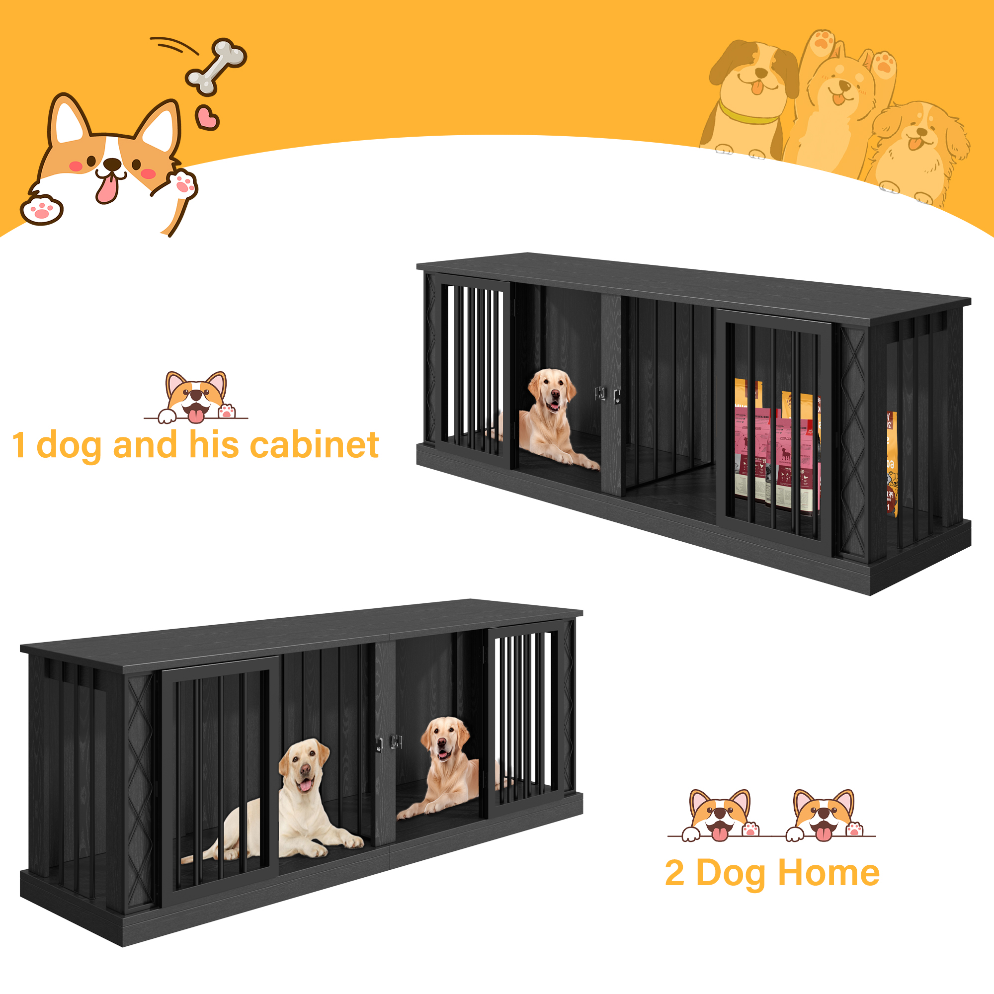 ModFurne 86.6" Dog Crate Furniture for Double Dogs, Heavy Duty Dog Cage Indoor for Small/Medium/Large Dogs, Dog Kennel Furniture Black