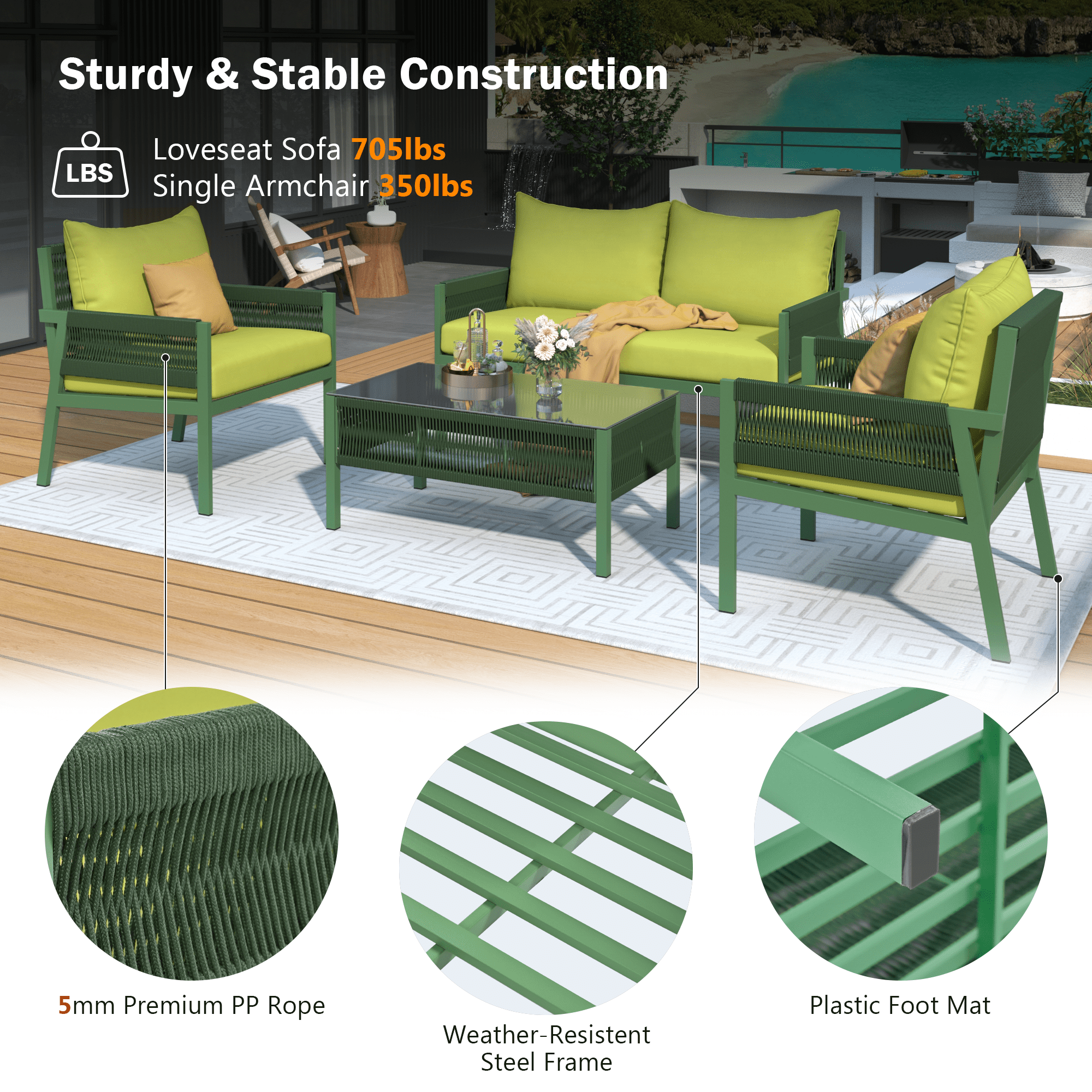 Aukfa 4-Piece Outdoor Patio Furniture Set with Tempered Glass Table & Thick Cushions, Green