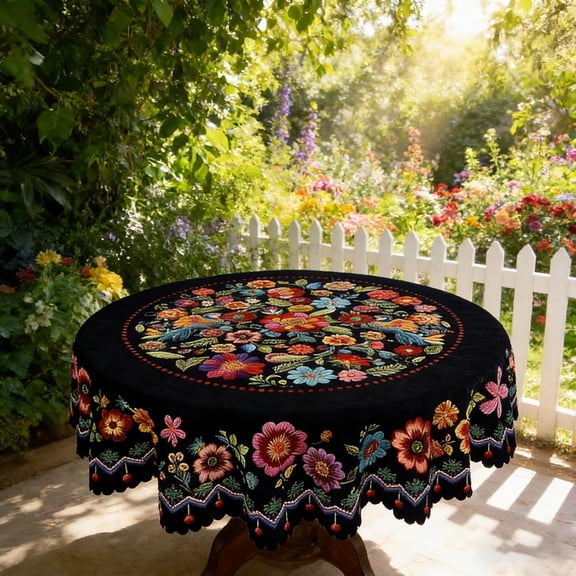 2026 Mexican Tablecloth, Mexican Folk Art Floral Tablecloth, Navy Blue with Colorful Embroidered Flowers(wwx)