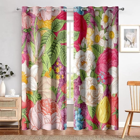 Pink Floral Blackout Curtains, Colorful Flowers Botanical Cottage Core Leaf Print Curtains Grommet Curtains & Drapes Thermal Curtains Window Treatments 53"W x 63"L (Pack of 2)