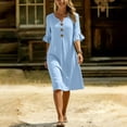 thumbnail image 6 of Smsaxvxz Women's Summer Dresses Fashion Solid Button V-neck Ruffle Short Sleeve Casual Loose Beach Vacation Midi Dress Light Blue S, 6 of 9