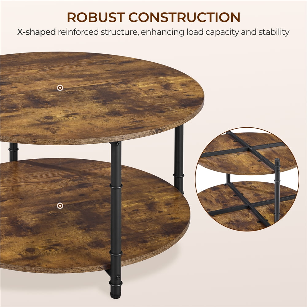 Yaheetech 2 Layer Vintage Round Coffee Table with Storage Shelf, Rustic Brown
