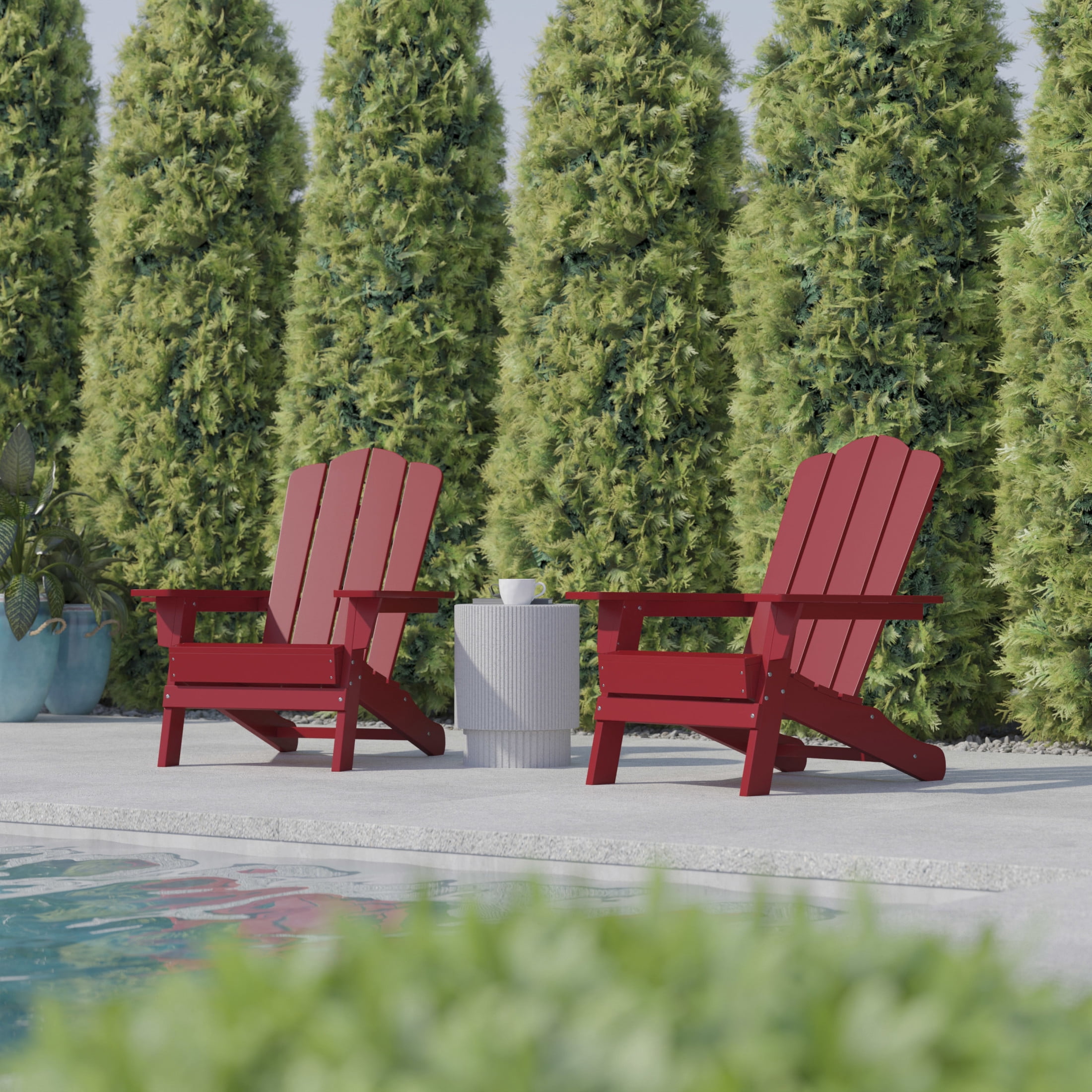 BizChair Adirondack Chair with Cup Holder, Weather Resistant HDPE Adirondack Chair in Red, Set of 2