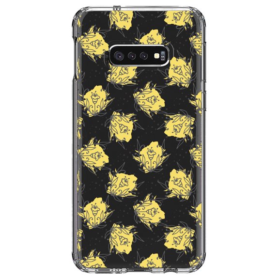 DistinctInk Clear Shockproof Hybrid Case for Samsung Galaxy S10e (5.8" Screen) - TPU Bumper Acrylic Back Tempered Glass Screen Protector - Wildflower Yellow Graffiti