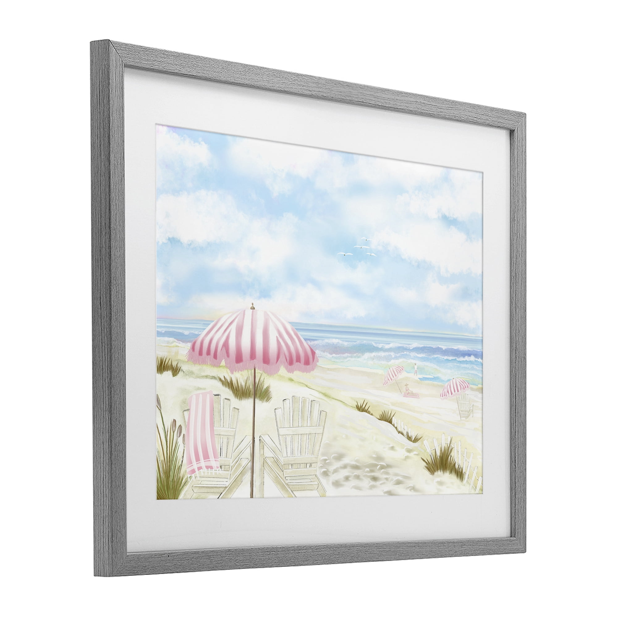 Seascape with Pink Umbrella Gray Framed Print Under Glass, design by Lori Mosley